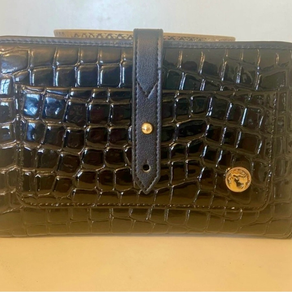 Black Croc Spartina Embossed Wallet with Gold Accent